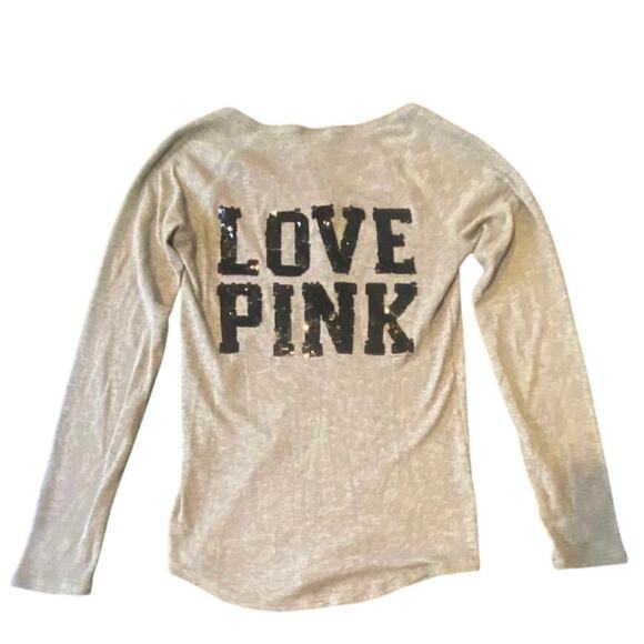 Victoria’s Secret PINK Gray Thermal Henley LOVE PINK Sequin Back Logo Size Large - Picture 1 of 5